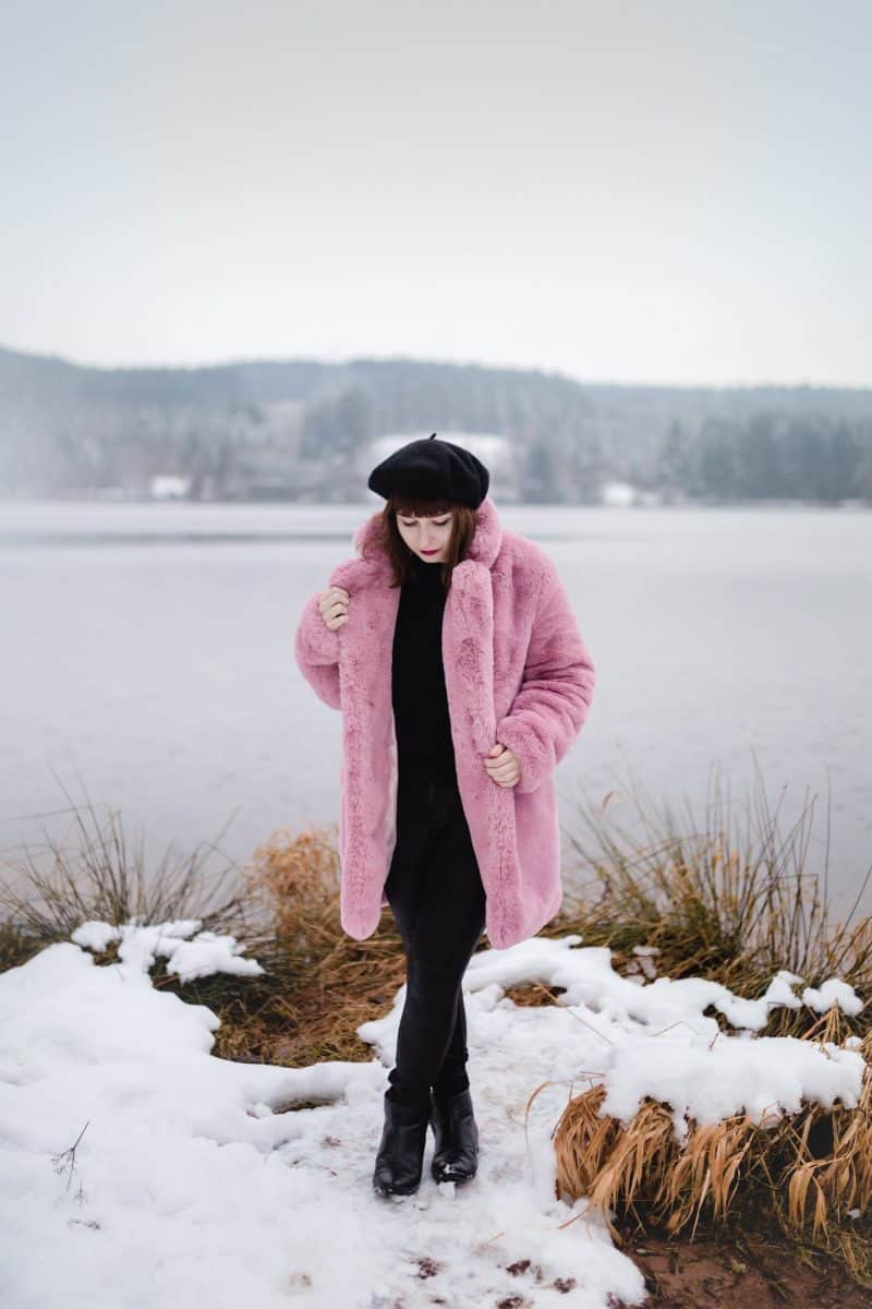 pink faux fur coat