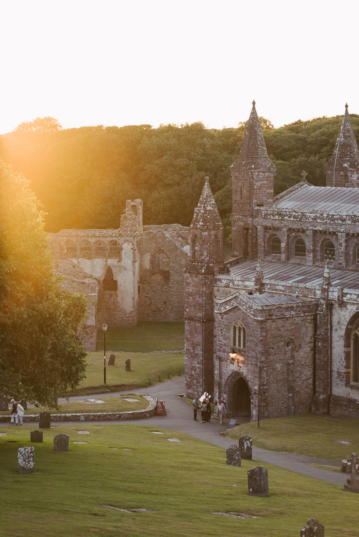 st davids cathedral in glowing sunset light